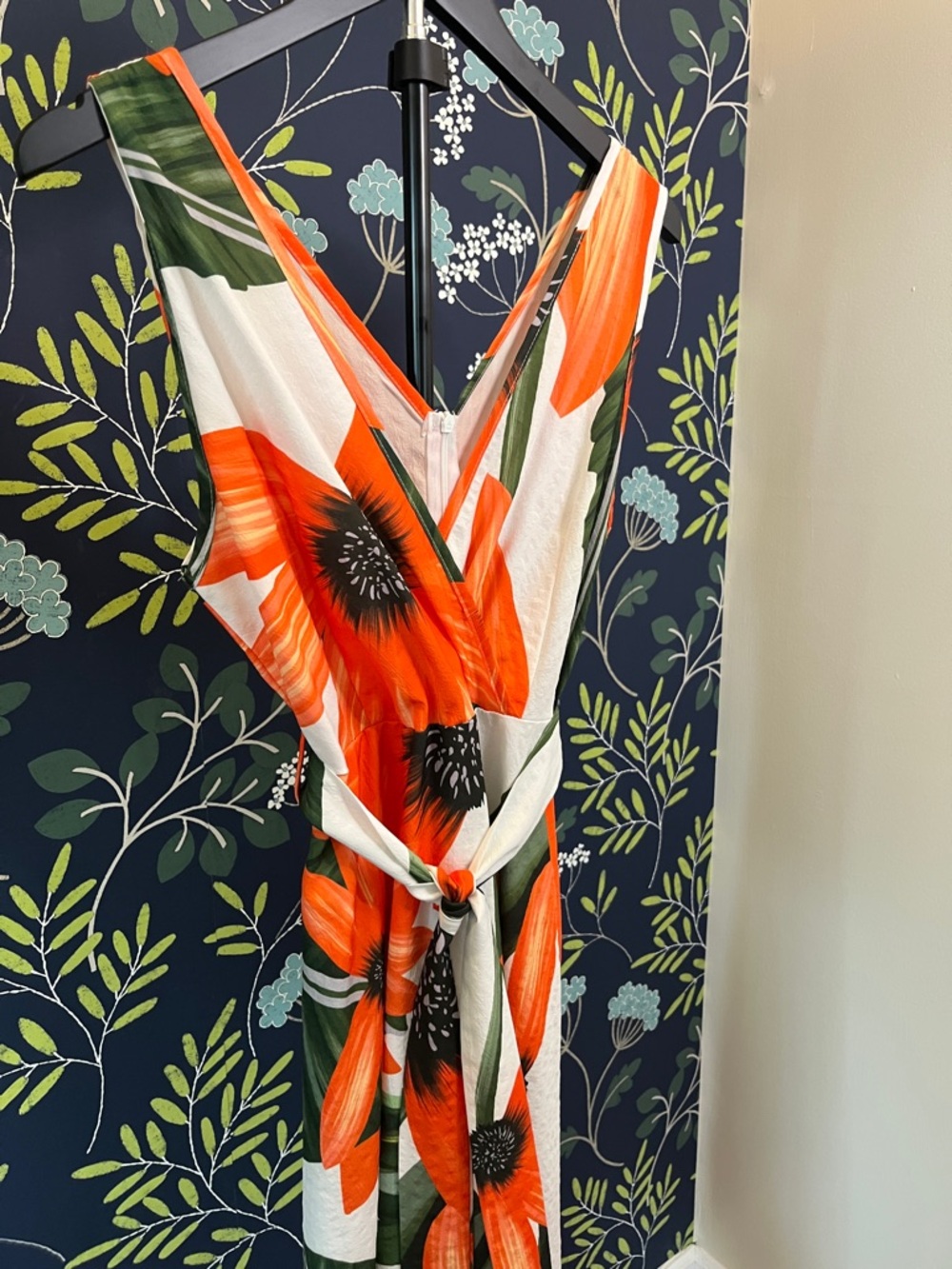 Floral Wrap Midi Dress Orange Green Tropical Print Sleeveless Tie Waist V Neck - Picture 5 of 7